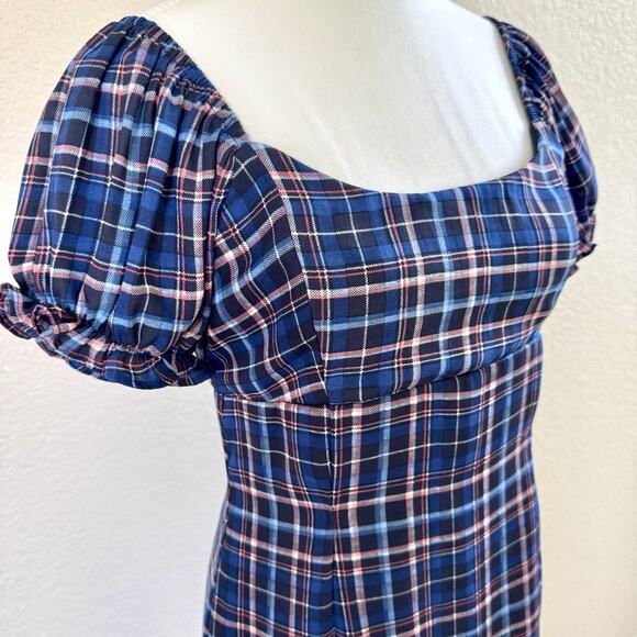 Altar'd State Britton Navy Blue Pink Puff Sleeve Plaid Summer Dress Wmn Sz Small - Picture 2 of 14